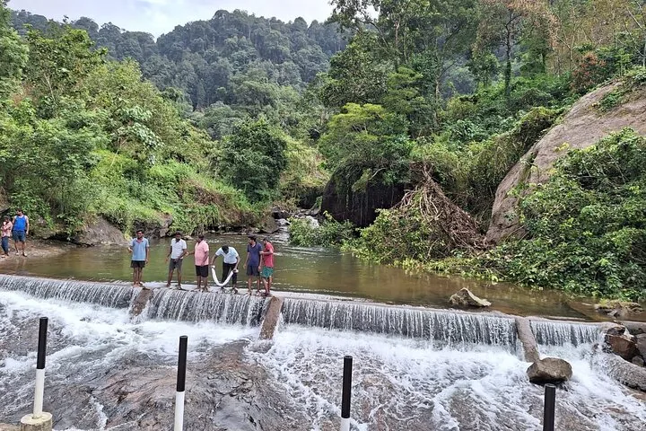 Gruppo di persone in piedi su una piccola diga di cascata in una zona verde e boscosa.
